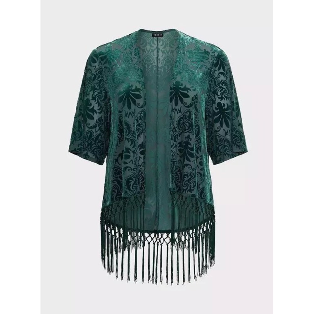 Torrid Kimono Wrap Women 3/4 Green Velvet Burnout Damask Fringe Whimsigoth Boho